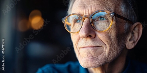 elderly man wearing glasses looking thoughtfully into the distance at sunset