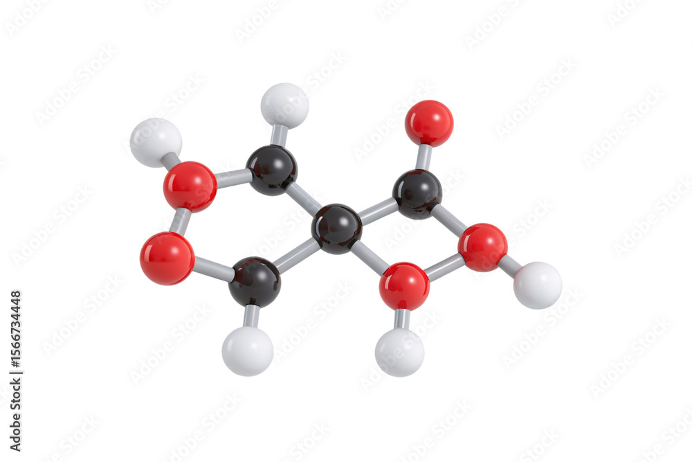 Obraz premium 3D molecular structure model with red oxygen atoms and black carbon atoms connected by bonds, isolated on a transparent background