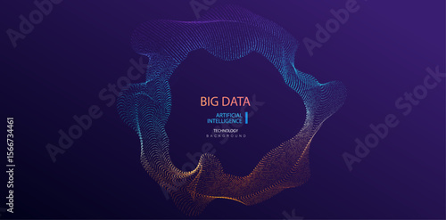 Circle A.I. Technology particles banner. Ai big data neon dotted round background. Artificial Intelligence futuristic connect design.
