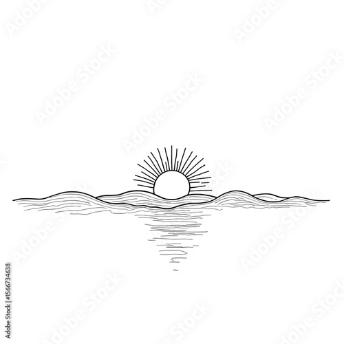 Line art sun rising over waves on a white background, minimalist style, nature sketch, copy space