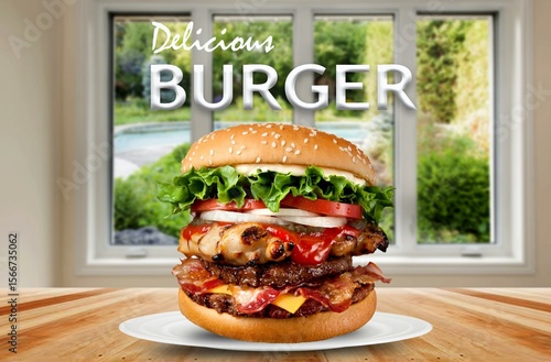 hamburger on a wooden table