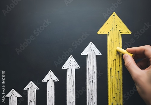 Hand drawing a yellow arrow on a blackboard representing growth and success