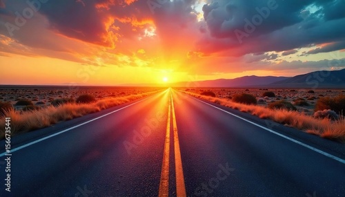 Endless asphalt ribbon stretching towards a vibrant sunset horizon, promising adventure and open road freedom Perfect for travel, wanderlust, and vacation themes , open road, golden hour