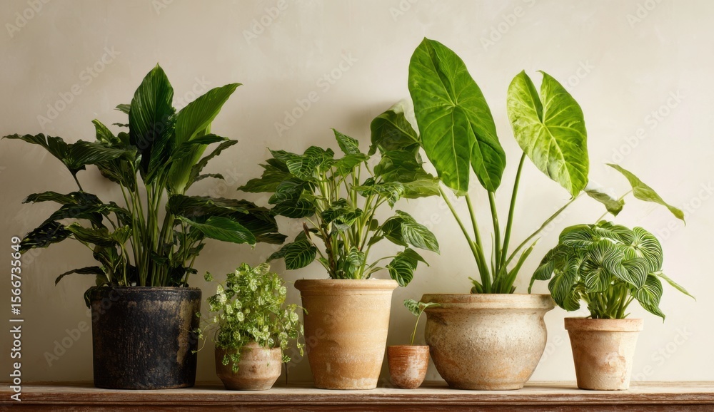 Lush green houseplants in terracotta pots create a tranquil indoor garden scene, perfect for home decor inspiration. Lush green houseplants in terracotta pots create a tranquil indoor garden scene, perfect for home decor inspiration.