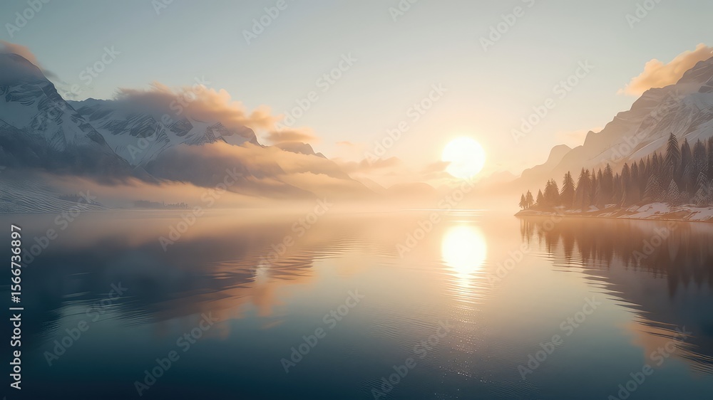 Fototapeta premium Serene alpine lake reflects the warm glow of the morning sun, shrouded in mist, surrounded by snow-covered mountains and evergreen trees