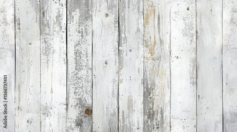 Obraz premium A weathered, white-painted wooden plank wall with a rustic, vintage aesthetic.