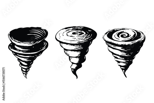 Tornado & Twister Vector Engraving Set. Detailed Monochrome Weather Illustrations. Vintage Stipple & Hatching Style Icons & Symbols