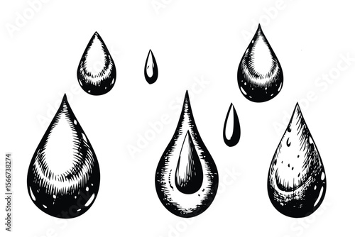 Water Droplets Vector Engraving Set. Detailed Monochrome Liquid & Splash Illustrations. Vintage Stipple & Hatching Style Icons & Symbols