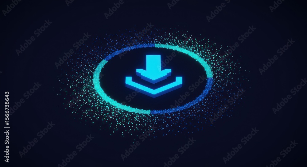 Obraz premium Digital download icon with a circular loading progress bar, glowing.