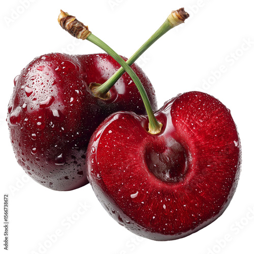 Fresh red cherries with water droplets fruit dessert food ingredient raw isolated on transprint background