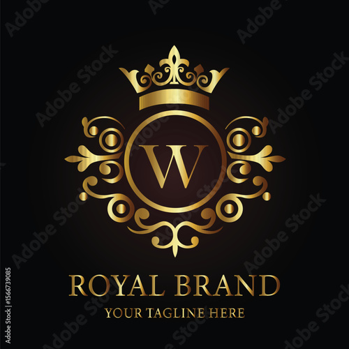 Golden crown and royal label with vintage shield and ribbon emblem design LOGO W