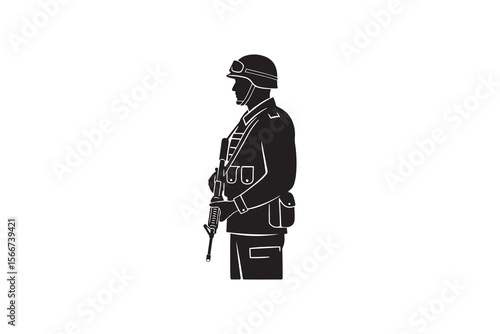 Soldier Silhouette Standing with Rifle Armed Forces Member Vector Art