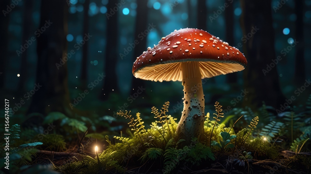 Fototapeta premium A vibrant mushroom with a red cap and white spots glows in a forest clearing, surrounded by moss and ferns.