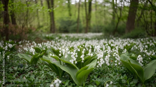 Fototapeta Naklejka Na Ścianę i Meble -  A photo of a forest floor blanketed with white Lily of the Valley flowers in full bloom.