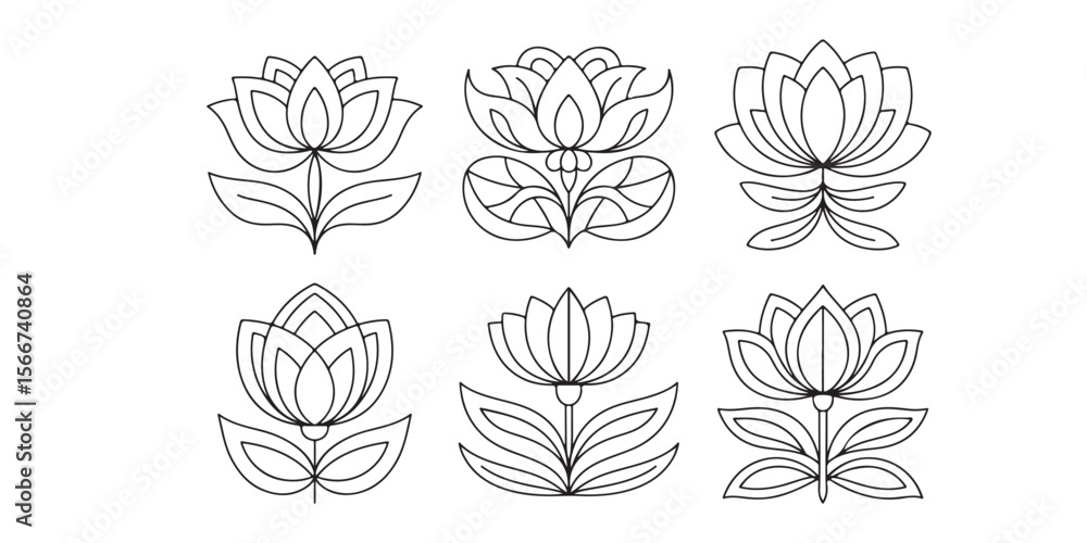 Fototapeta premium Six simple lotus flower line drawings arranged in two rows on a white background minimal style illustration