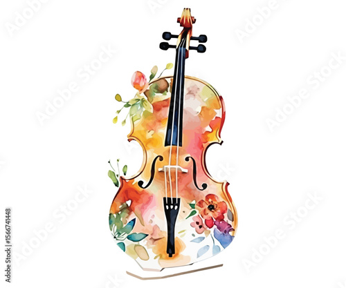 Elegant wooden violin with bow amidst sheet music and delicate flowers on a white background