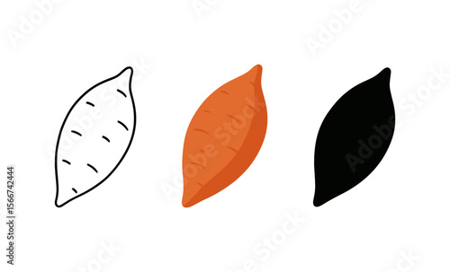 Abstract sweet potato art: outline, color, and silhouette versions