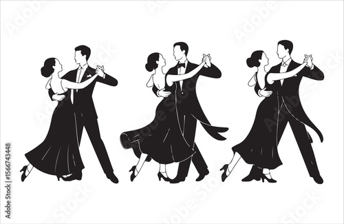Elegant couples dancing ballroom in formal attire silhouette