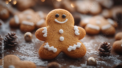 Gingerbread man cookie on table with festive background lights