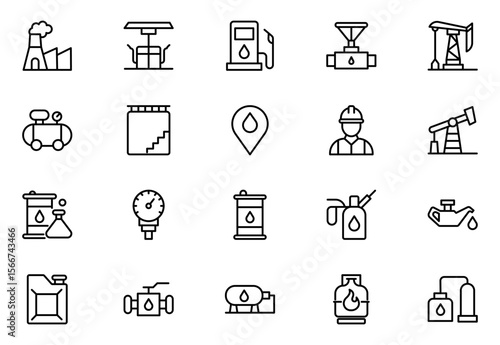 Oil and Gas line icon set. Containing fuel, refinery, petroleum, oil well, gas pump, offshore platform, lubricant, oil barrels and more.vector icons collection.