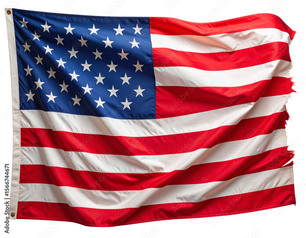 Realistic aged American flag with frayed and torn edges, muted vintage color palette, visible fabric wear and subtle shadowing, slightly waving shape for realism, isolated on t Realistic aged American flag with frayed and torn edges, muted vintage color palette, visible fabric wear and subtle shadowing, slightly waving shape for realism, isolated on t