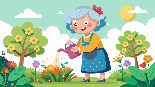 Happy elderly woman watering blooming garden flowers with a pink watering can on a sunny day surrounded by trees and nature