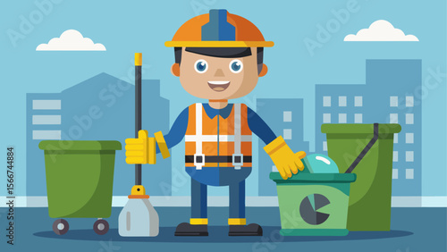 Smiling sanitation worker in safety gear standing with mop and trash bins in a clean urban environment