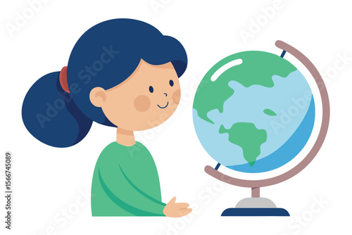 Curious Girl Studying a Globe: Flat Design Illustration, Educational, Childlike, Exploration Theme