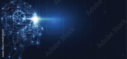 A blue digital head composed of circuitry with a bright light emanating from the eye