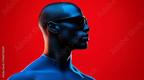 futuristic man with sunglasses in neon light style on red background