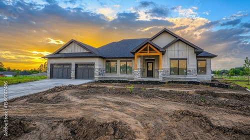 A modern, two-story house with a gray roof and white trim, surrounded by a lush green lawn and a pond, with a wooden deck and a wooden fence, set against a backdrop of a vibrant sunset with orange