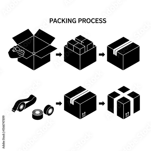 Packing process steps isolated on white background