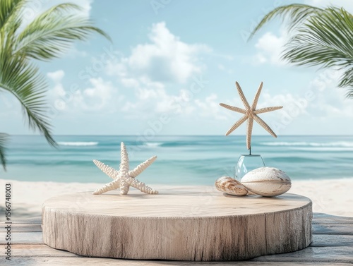 high resolution picture of Beach summer decoration Wooden product display podium for presentation high detail 8k