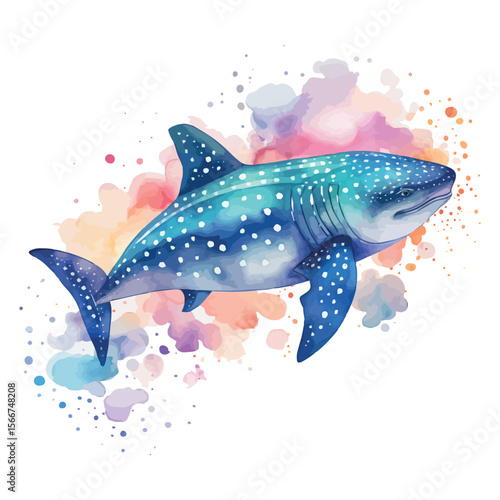 Cartoon vector illustration of an isolated blue shark swimming underwater with other fish in the ocean
