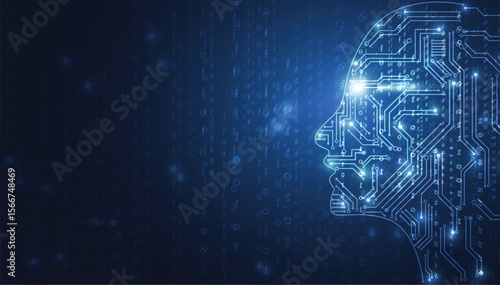 AI head blue circuit pattern bright eye binary code backdrop