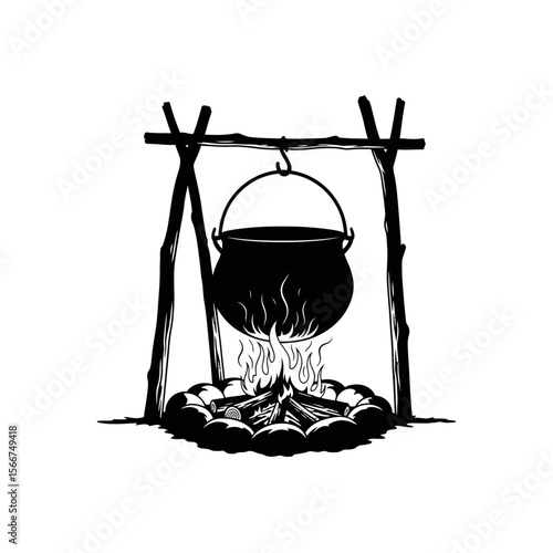 A cooking pot hangs over a campfire isolated on white background