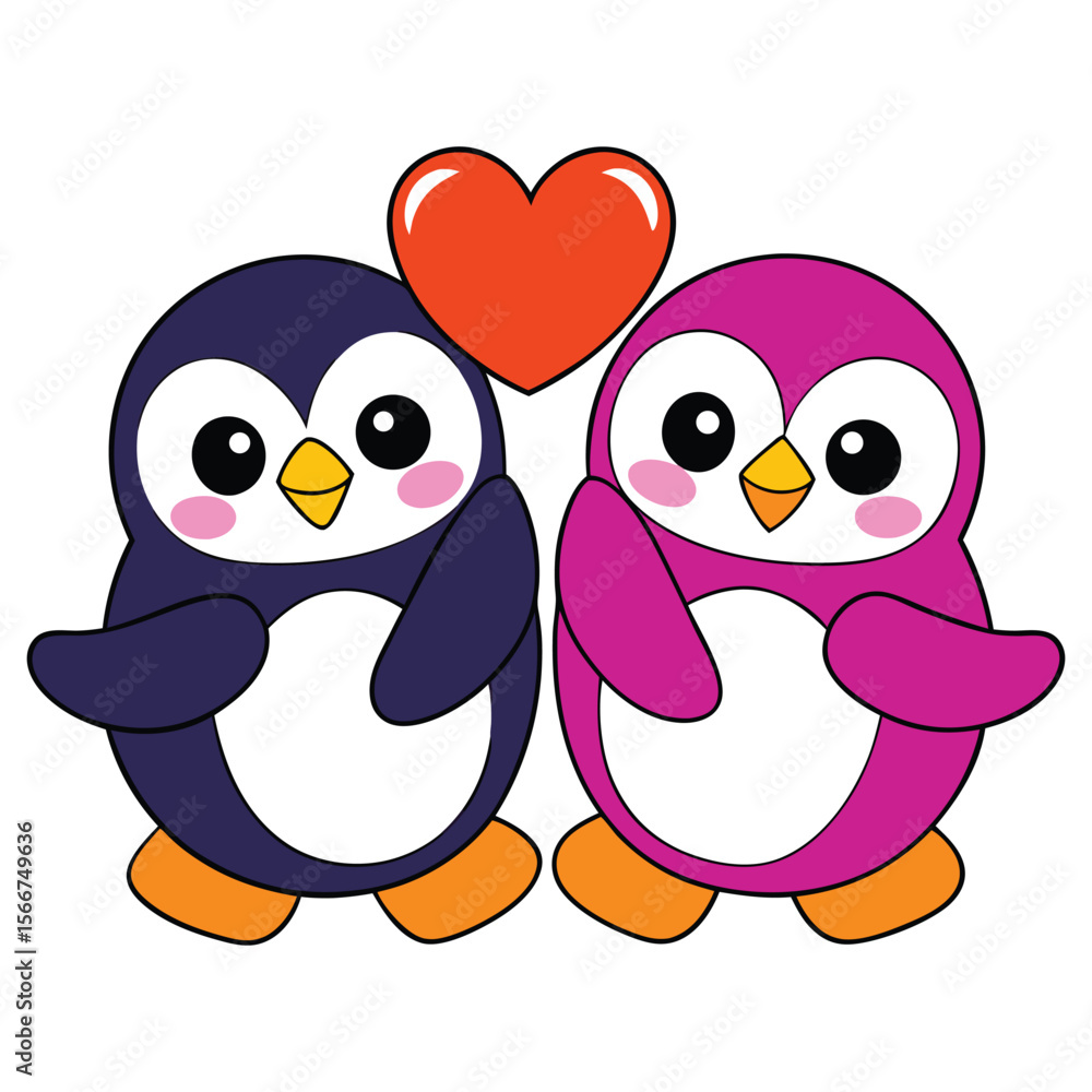 Obraz premium Valentine's Day Penguins with Heart. Penguin Love Vector Illustration.