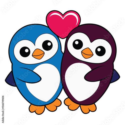 Valentine's Day Penguins with Heart. Penguin Love Vector Illustration.