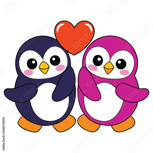 Valentine's Day Penguins with Heart. Penguin Love Vector Illustration.