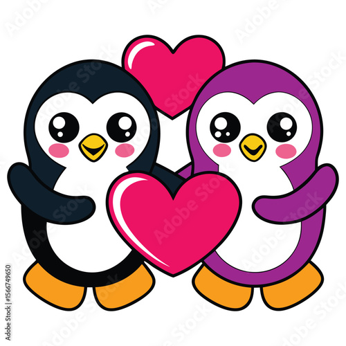 Valentine's Day Penguins with Heart. Penguin Love Vector Illustration.