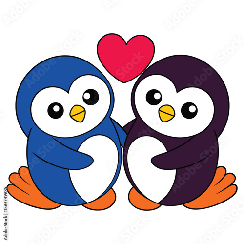 Valentine's Day Penguins with Heart. Penguin Love Vector Illustration.