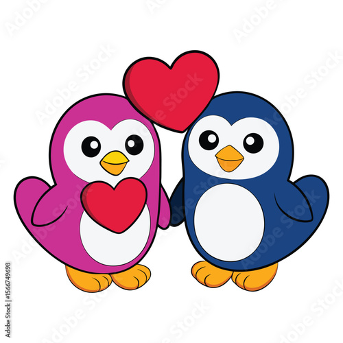 Valentine's Day Penguins with Heart. Penguin Love Vector Illustration.