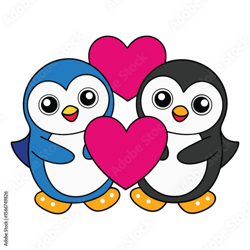 Valentine's Day Penguins with Heart. Penguin Love Vector Illustration.