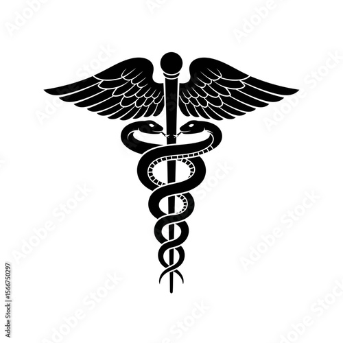 A black caduceus symbol is isolated on white background