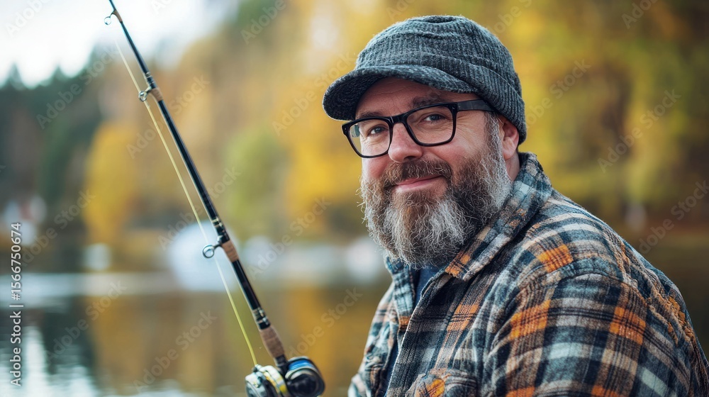Obraz premium A man with a beard and glasses, wearing a plaid shirt, holding a fishing rod, standing next to a lake with a forest in the background.