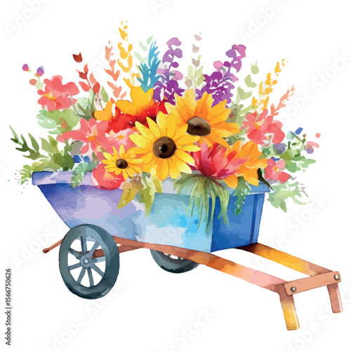 Colorful spring flowers overflow from a wooden wheelbarrow in a vibrant garden