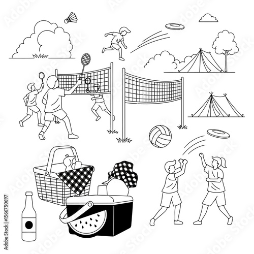 People enjoying a picnic and playing games isolated on white background
