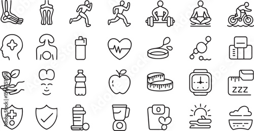 Dynamic Health, Fitness, and Wellness Outline Icons for Active Lifestyles and Holistic Well-being
