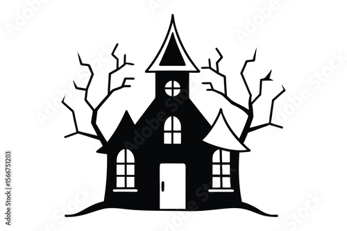 Wallpaper Mural Haunted Halloween House Silhouette Vector with Bats, Ghosts, and Spooky Night Elements Illustration Torontodigital.ca