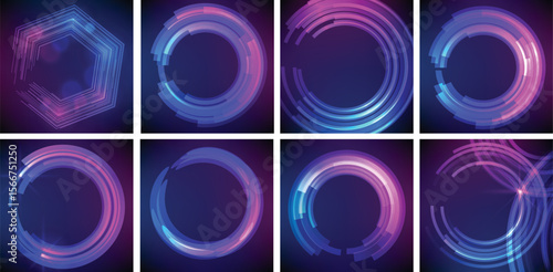 Eight glowing fragmented geometric shapes with neon blue and pink accents on a dark background